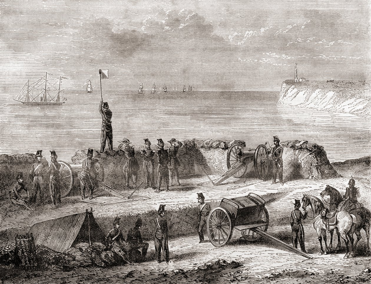 Kommunikation zwischen einem Schiff, das in den Hafen einläuft, und den gelandeten Truppen mit dem Flaggensemaphor-Telegraphiesystem, aus Les Merveilles de la Science, veröffentlicht um 1870 von French School