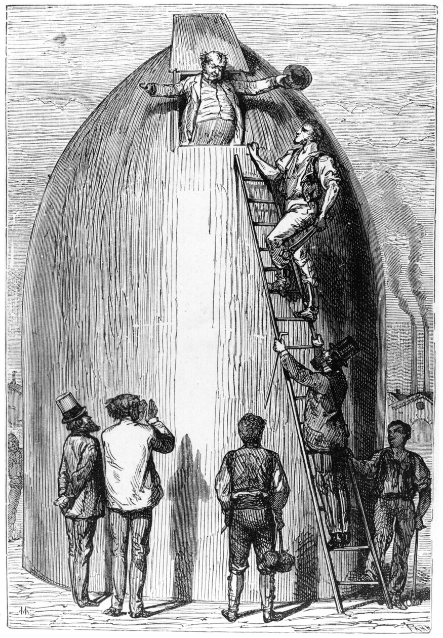 Bau einer Rakete, Illustration aus Von der Erde zum Mond von Jules Verne (1828-1905) Paris, Hetzel, veröffentlicht 1865 von French School