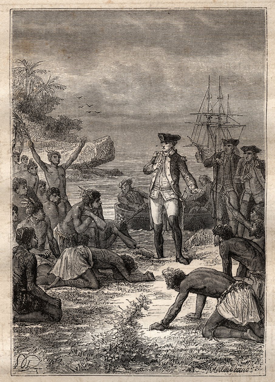 Empfang von Cook durch die Eingeborenen - Dritte Reise von James Cook - Cook wird von den Eingeborenen begrüßt - Dritte Reise von James Cook im Pazifischen Ozean - Illustration aus „Die großen Seefahrer des 18. Jahrhunderts“ von Jules Verne von French School
