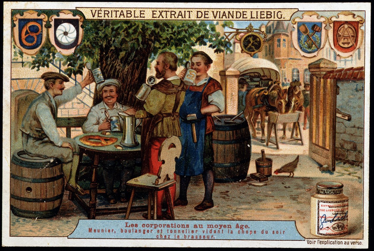 Zünfte im Mittelalter: Müller, Bäcker und Küfer leeren den Abendkrug im Haus des Brauers von French School