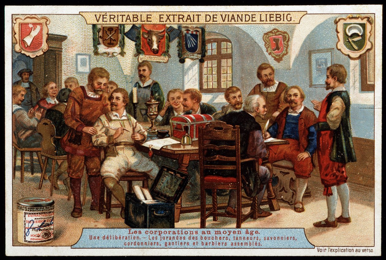 Zünfte im Mittelalter: eine Beratung der Juranden der Metzger, Gerber, Seifensieder, Schuhmacher, Handschuhmacher und versammelten Barbiere von French School