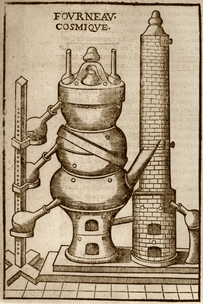 Kosmischer Ofen, aus La Theotechnie Ergocosmique von Annibal Barlet (1653), illustriert in einer Geschichte der Magie, veröffentlicht Ende des 19. Jahrhunderts von French School