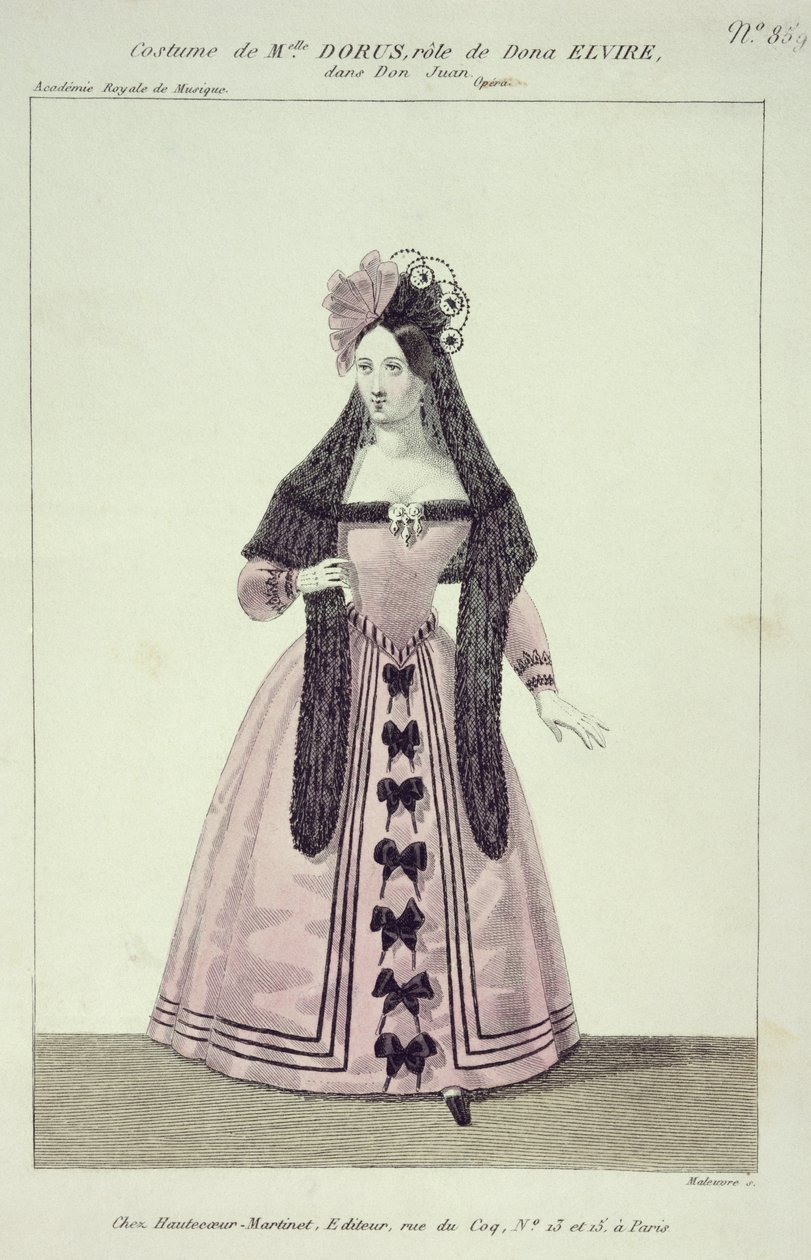 Kostüm für Mademoiselle Dorus in der Rolle der Donna Elvira in Don Giovanni, graviert von Maleuvre, gedruckt von Hautecoeur-Martinet von French School
