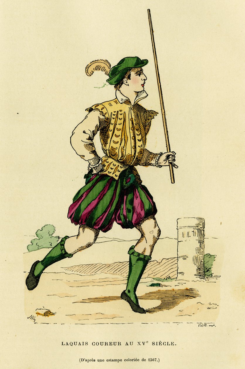 Kostüm des Läufers im 15. Jahrhundert, beauftragt, vor der Kutsche zu laufen, um die Straße freizumachen und die Passage eines Adligen oder Herrn anzukündigen. Farbgravur, in „Frankreich und die Franzosen durch die Jahrhunderte“ von Augustin Challamel, F.  von French School