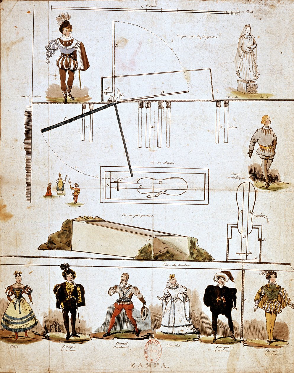 Kostüme und Bühnenbilder für die Oper „Zampa oder die Marmorbraut“ von Ferdinand Herold (1791-1833) von French School