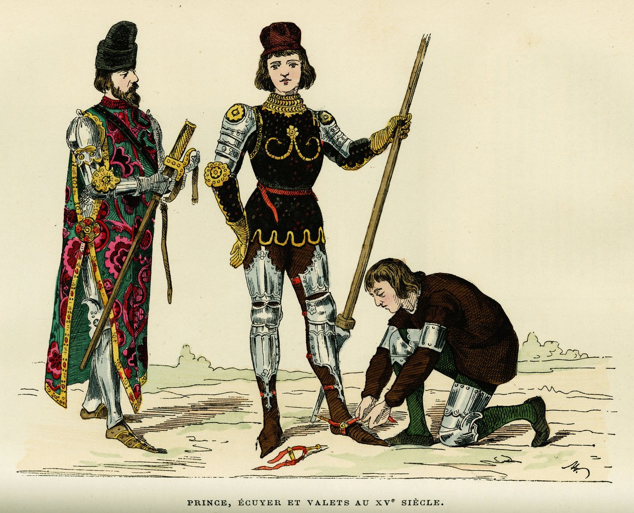Kostüme des Prinzen, seines Schildträgers und seines Dieners, im 15. Jahrhundert. Farbgravur, in „Frankreich und die Franzosen durch die Jahrhunderte“ von Augustin Challamel, F. Roy Herausgeber, Paris 1882. Sammlung Selva. von French School