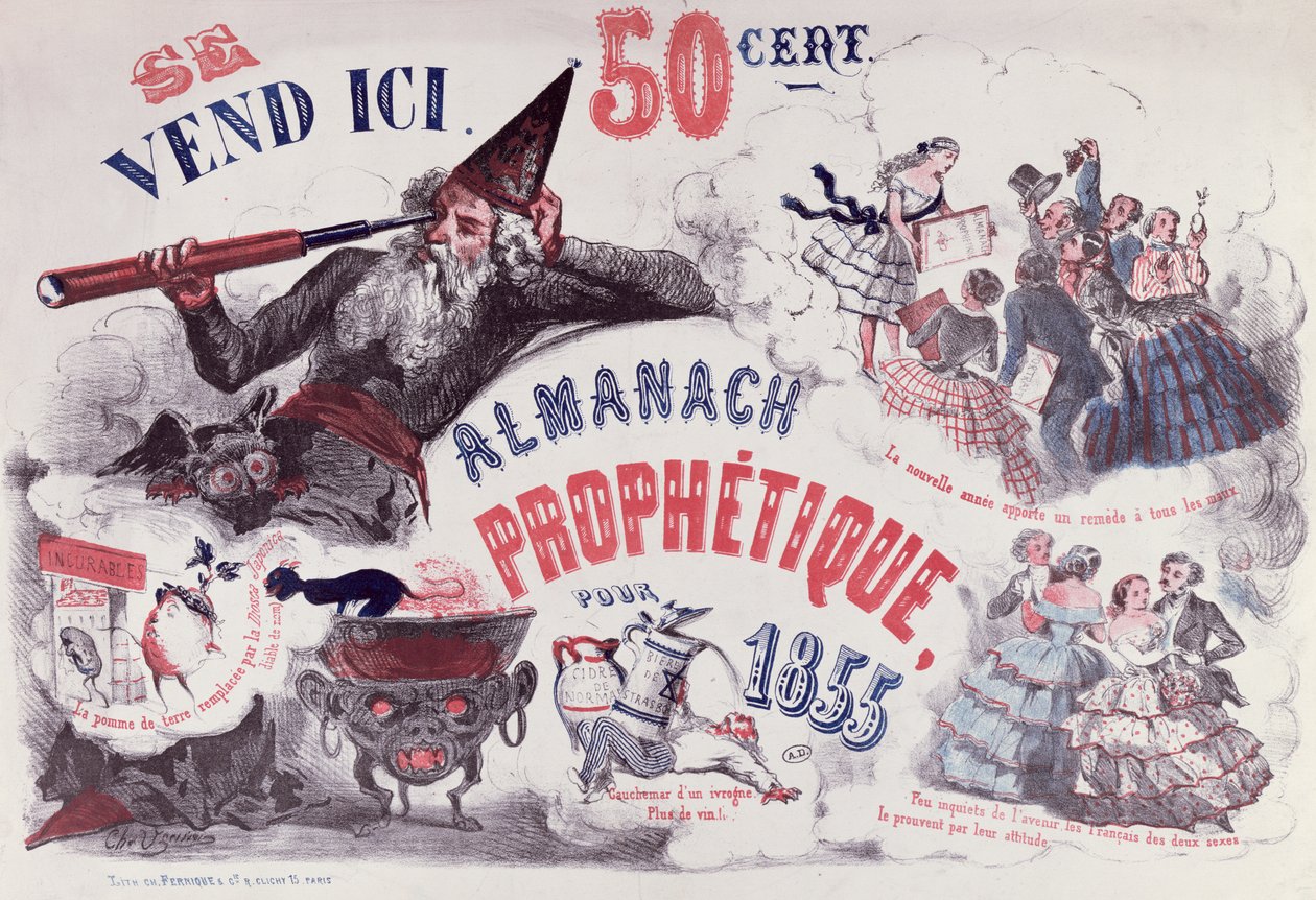 Titelbild eines prophetischen Almanachs, der Nostradamus darstellt, 1855 von French School