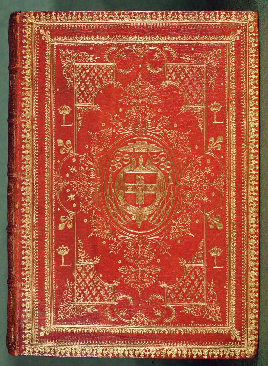 Einband eines Buches von Kardinal Mazarin, mit den Wappen der Kardinäle Sterne und Rutenbündel, überragt vom Galero-Hut und Quasten eines Kardinals von French School