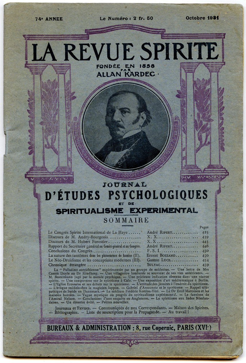Titelblatt einer Ausgabe von „La revue spirite“, Porträt des Gründers Allan Kardec, Zeitschrift von Oktober 1931 von French School