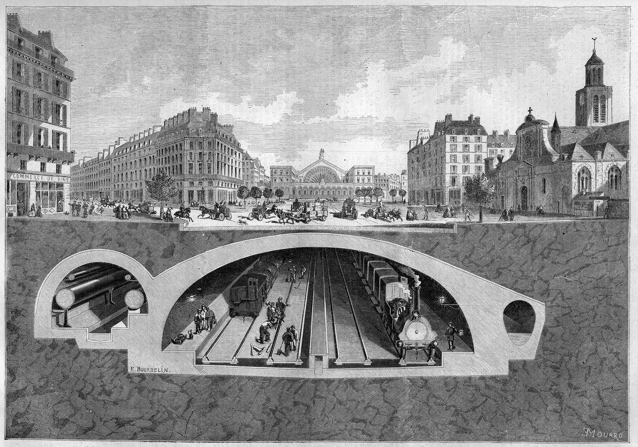 Querschnitt des unterirdischen Eisenbahnprojekts in Paris, von der Vilette zu den zentralen Hallen, 1861. Gravur in „Le Monde Illustré“ Nr. 213 vom 11. Mai 1861 von French School