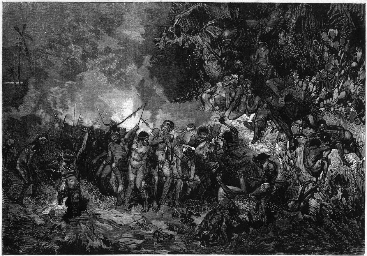 Brauch von Neukaledonien: Pilou Pilou (Pilou-pilou), traditioneller Kanak-Tanz. Gravur in „Le Monde Illustré“ Nr. 772 vom 27. Januar 1872 von French School