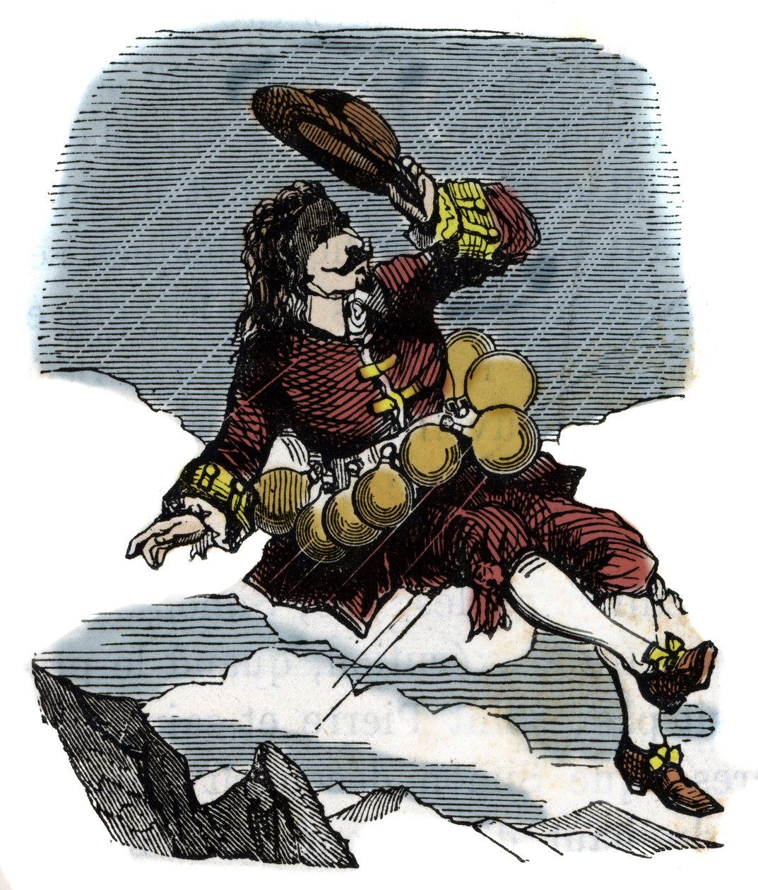 Cyrano de Bergerac steigt dank Fläschchen mit Tau in den Himmel und reist zum Mond, Illustration des Romans von Hercules Savinien Cyrano de Bergerac (1619-1655): „Die andere Welt“ von French School