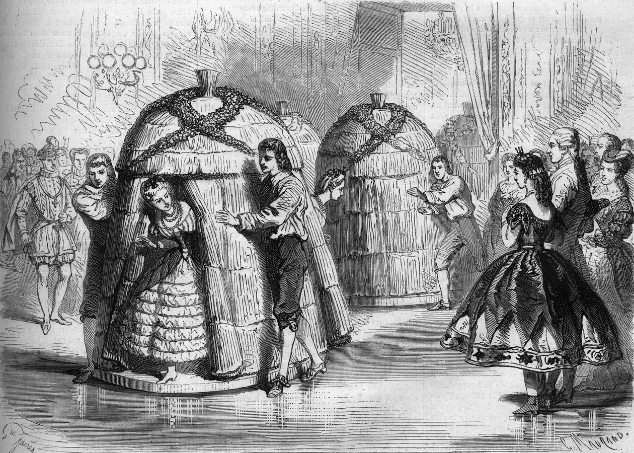 Tanzvorführung beim Kostümball der Kaiserin Eugenie de Montijo: „Die Ankunft der Bienenstöcke“. Vier Bienentänzerinnen kommen aus den Bienenstöcken. Gravur in „Le Monde Illustré“ Nr. 305 vom 14. Februar 1863 von French School