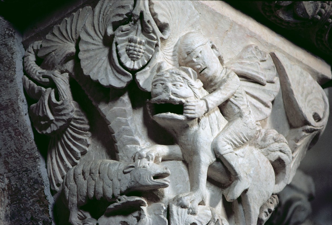 David erschlägt den Löwen (Detail eines Kapitells) um 1130 von French School