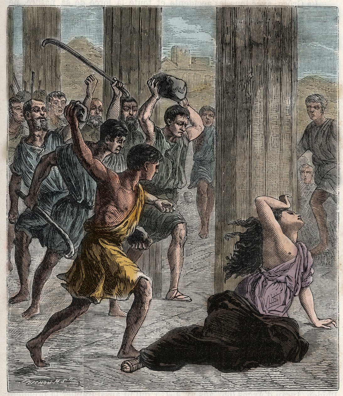 Tod von Hypatia - Hypatia (ca. 370-415) Mathematikerin und Philosophin (Neuplatonikerin), ermordet von Anhängern von Kyrill, Patriarch von Alexandria - Gravur in „Wissenschaften für alle - Physik und Chemie“ von French School