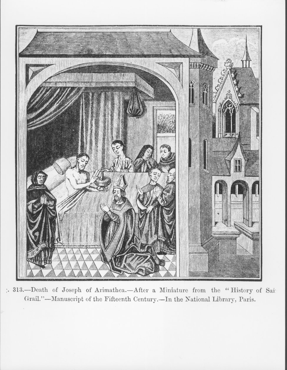 Tod von Joseph von Arimathäa, aus der Geschichte des Heiligen Grals, Illustration aus Wissenschaft und Literatur im Mittelalter und in der Renaissance, geschrieben und graviert von Paul Lacroix, 1878 von French School
