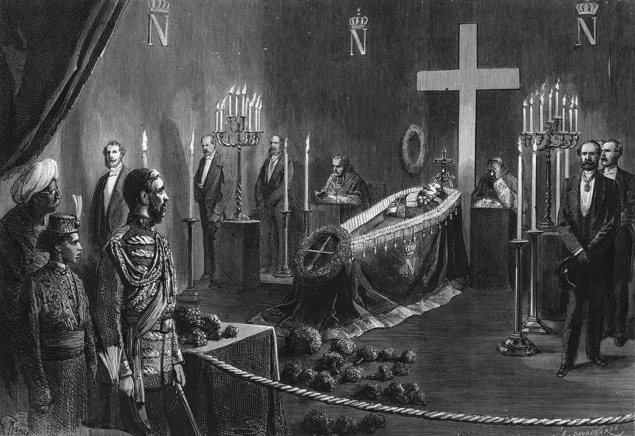 Tod von Napoleon III.: Die Überreste von Napoleon III. in der brennenden Kapelle des Cambden House am 14. Februar 1873. von French School