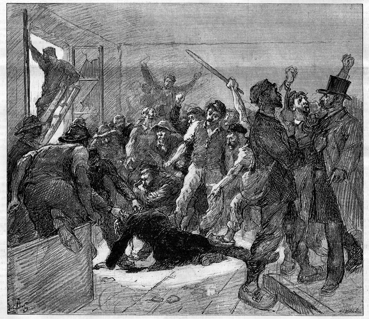 Streik der Bergleute von Decazeville (Aveyron) im Jahr 1886: Ingenieur Watrin wurde von den Streikenden ermordet. Gravur in "Le Monde Illustré", 6. Februar 1886 von French School