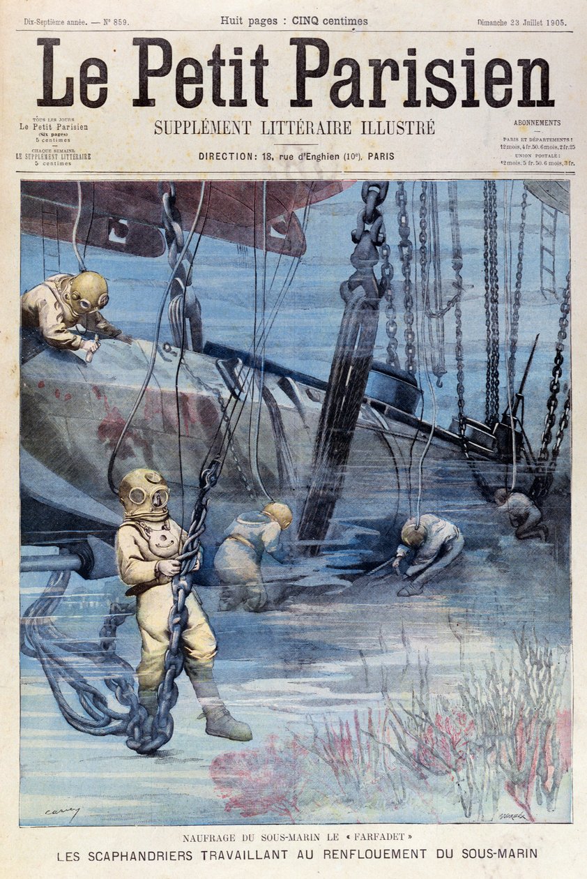 Tiefseetaucher versuchen, die Farfadet zu bergen, aus Le Petit Parisien, 23. Juli 1905 von French School