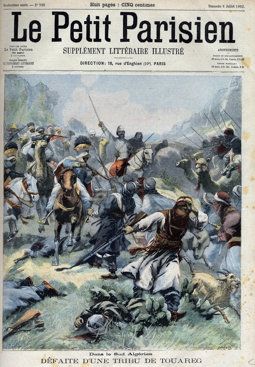Niederlage eines Tuareg-Stammes gegen die Franzosen im Süden Algeriens, in "Le Petit Parisien" von French School