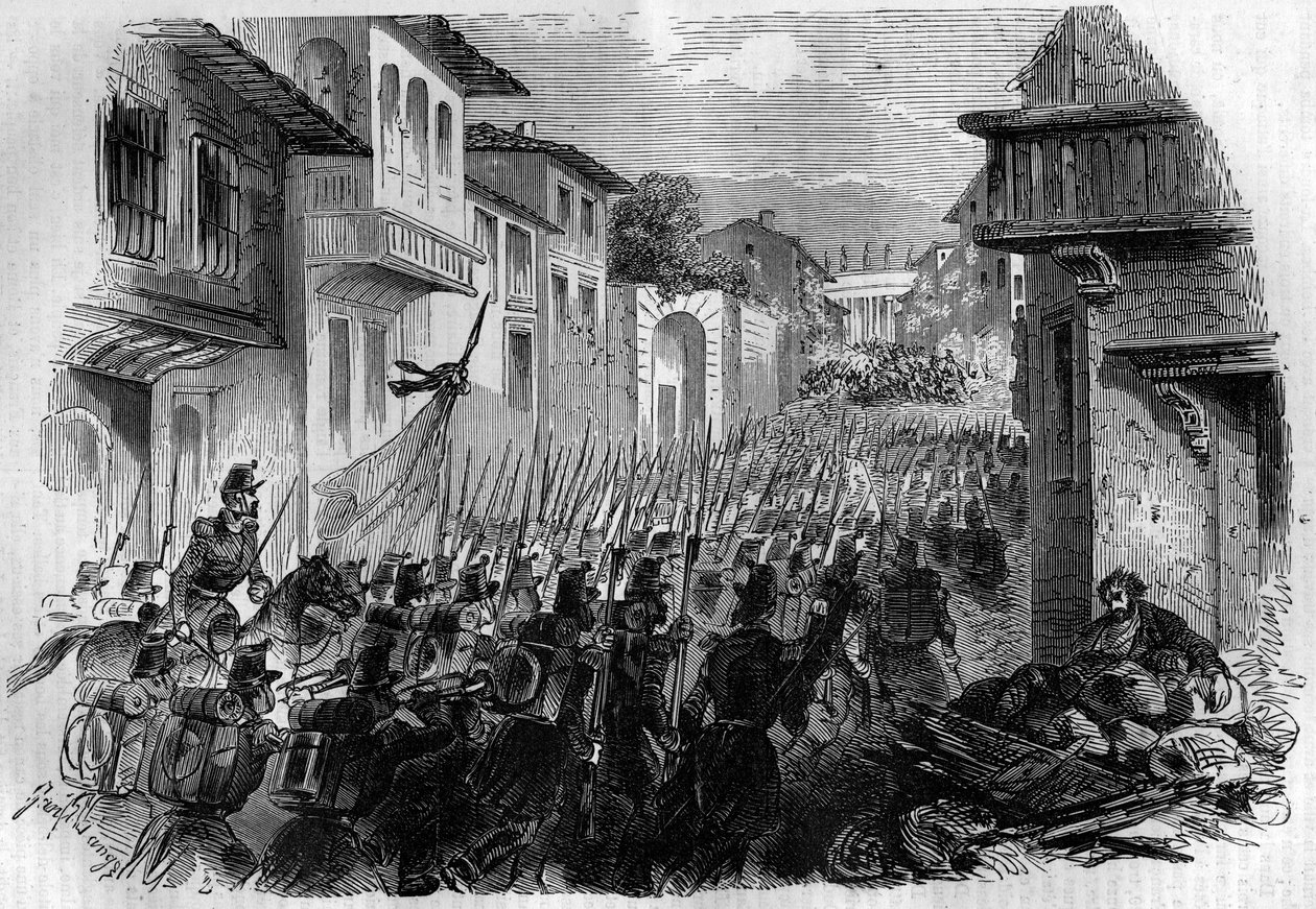 Verteidigung Roms gegen die französische Armee. General Oudinot eroberte Rom in der Schlacht am Janiculum am 30. Juni 1849 und verfolgte die Revolutionäre im Juli, um Papst Pius IX. zu antworten. Gravur in „Histoire des Papes-Rois-Queen and Empereurs à tra von French School