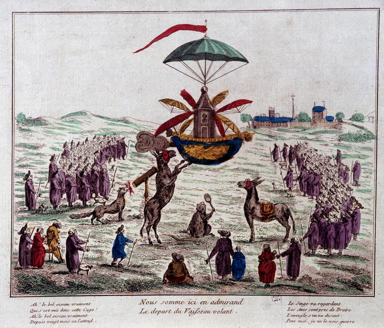 Abfahrt des Satire-Flugschiffs auf der von Jean-Pierre Blanchard (1753-1809) erdachten Flugmaschine: Esel, Affen und Blinde betrachten die seltsame Maschine mit sechs Flügeln und einem Ruder. Gravur aus dem späten 18. Jahrhundert. Paris, Musée Carnavalet von French School
