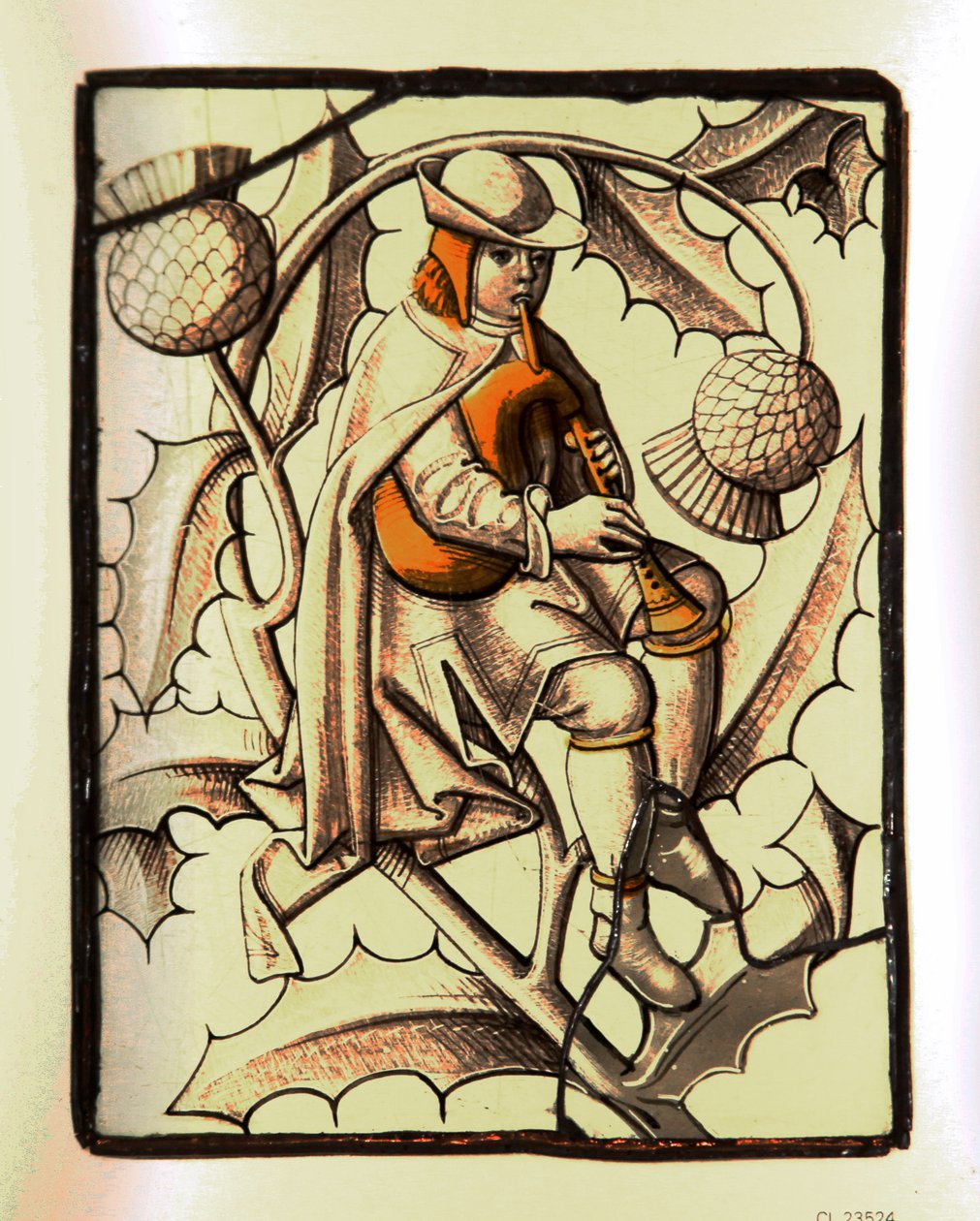 Ein Musiker spielt die Cornamuse - französisches Glas von French School
