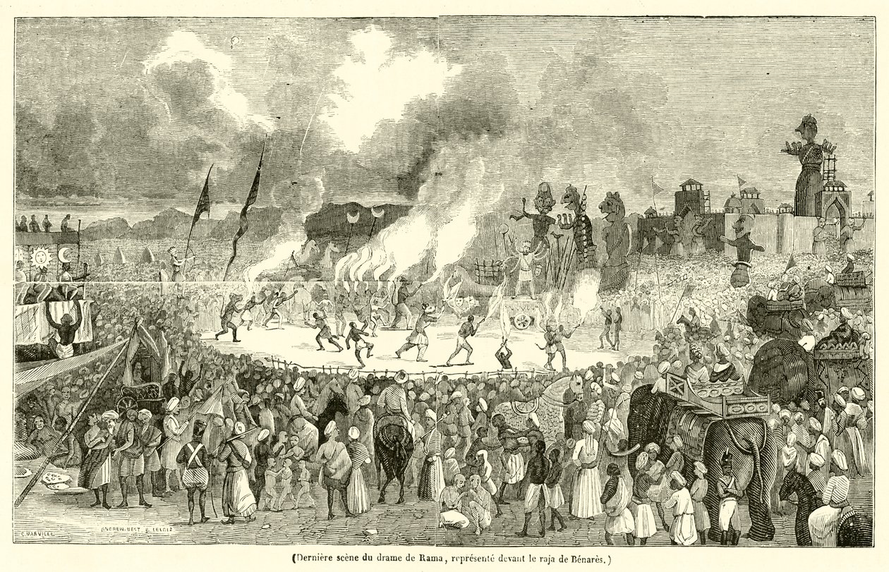 Letzte Szene des Dramas von Rama, aufgeführt vor dem Raja von Benares (Gravur) von French School