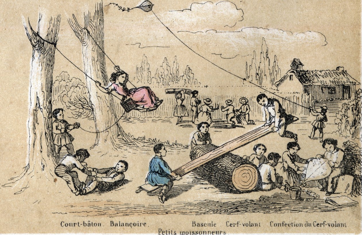 Beschreibung der Freizeitaktivitäten und Spiele von Kindern: Outdoor-Spiele, kurzer Stock, Schaukel, Wippen und Drachensteigen. Tafel „Die Spiele der Kindheit“ in „Les Recreations instructives“, Synoptisches Gemälde von Jules Delbruck von French School