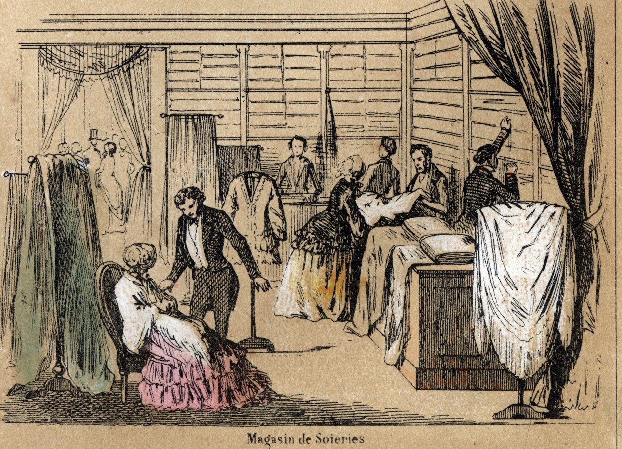 Beschreibung der Kultur und Seidenprodukte: ein Seidengeschäft. Tafel „Die Seide“ in „Les Recreations instructives“. Synoptisches Gemälde von Jules Delbruck, Gravur von 1860. von French School