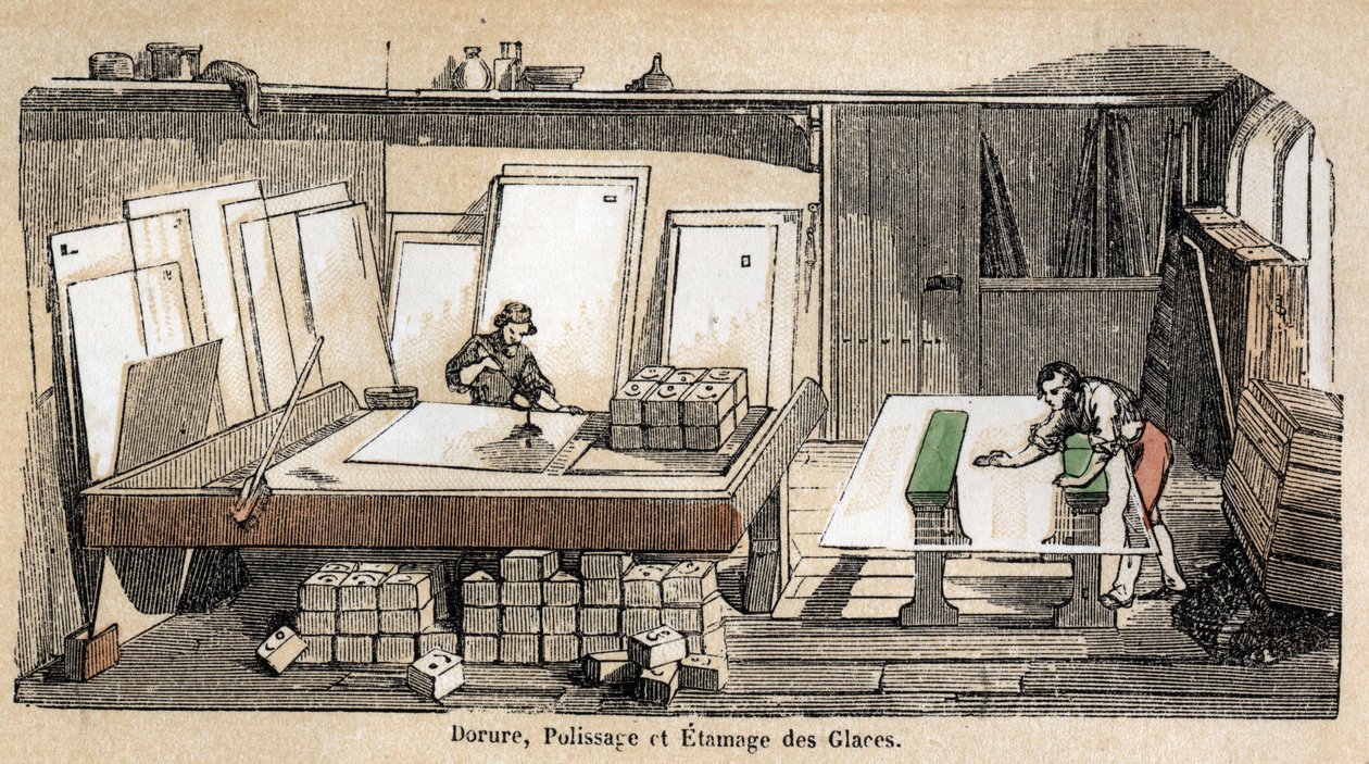 Beschreibung der verschiedenen Herstellungsstufen und Verwendungen von Glas: Eine Werkstatt für Vergoldung, Polieren und Prägen von Glas. (Glass and its products) von French School