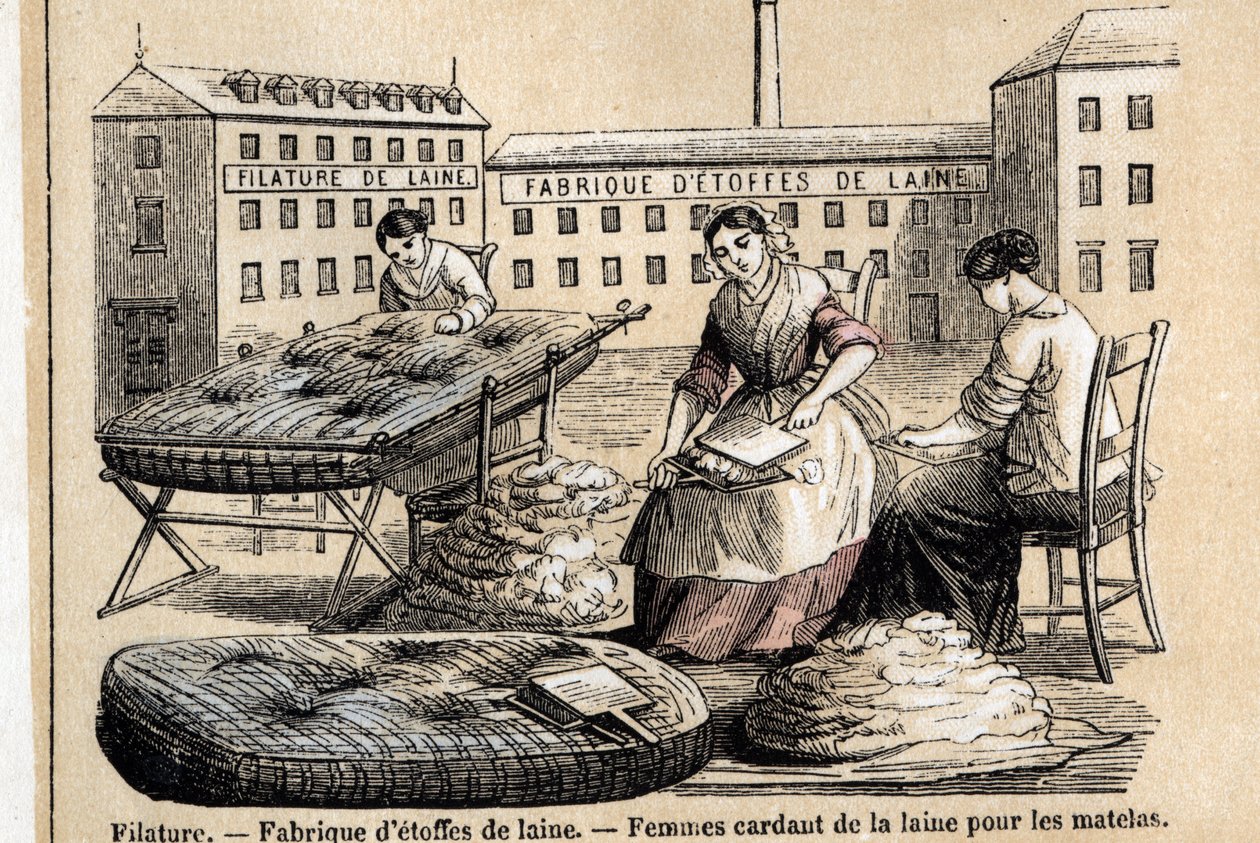 Beschreibung der verschiedenen Verwendungen und Produkte von Schafen: Arbeiter, die Wolle für Matratzen im Hof einer Fabrik kämmen. Tafel „Les moutons“ in „les Recreations instructives“ Synoptische Malerei von Jules DELBRUCK, Gravur von 1860. Private Samml von French School