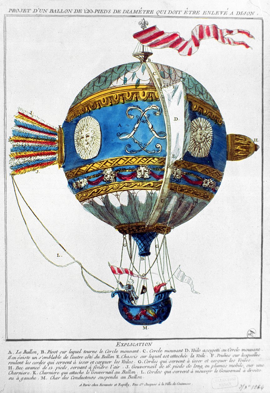 Entwurf für einen Heißluftballon mit einem Durchmesser von 120 Fuß, der in Dijon starten soll, ca. 1784 (Farbstich) von French School