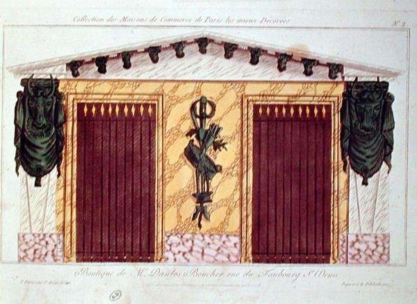 Entwurf für die Fassade eines Metzgerladens, aus einer Serie, die die am besten dekorierten Geschäftsgebäude in Paris darstellt, ca. 1810 von French School