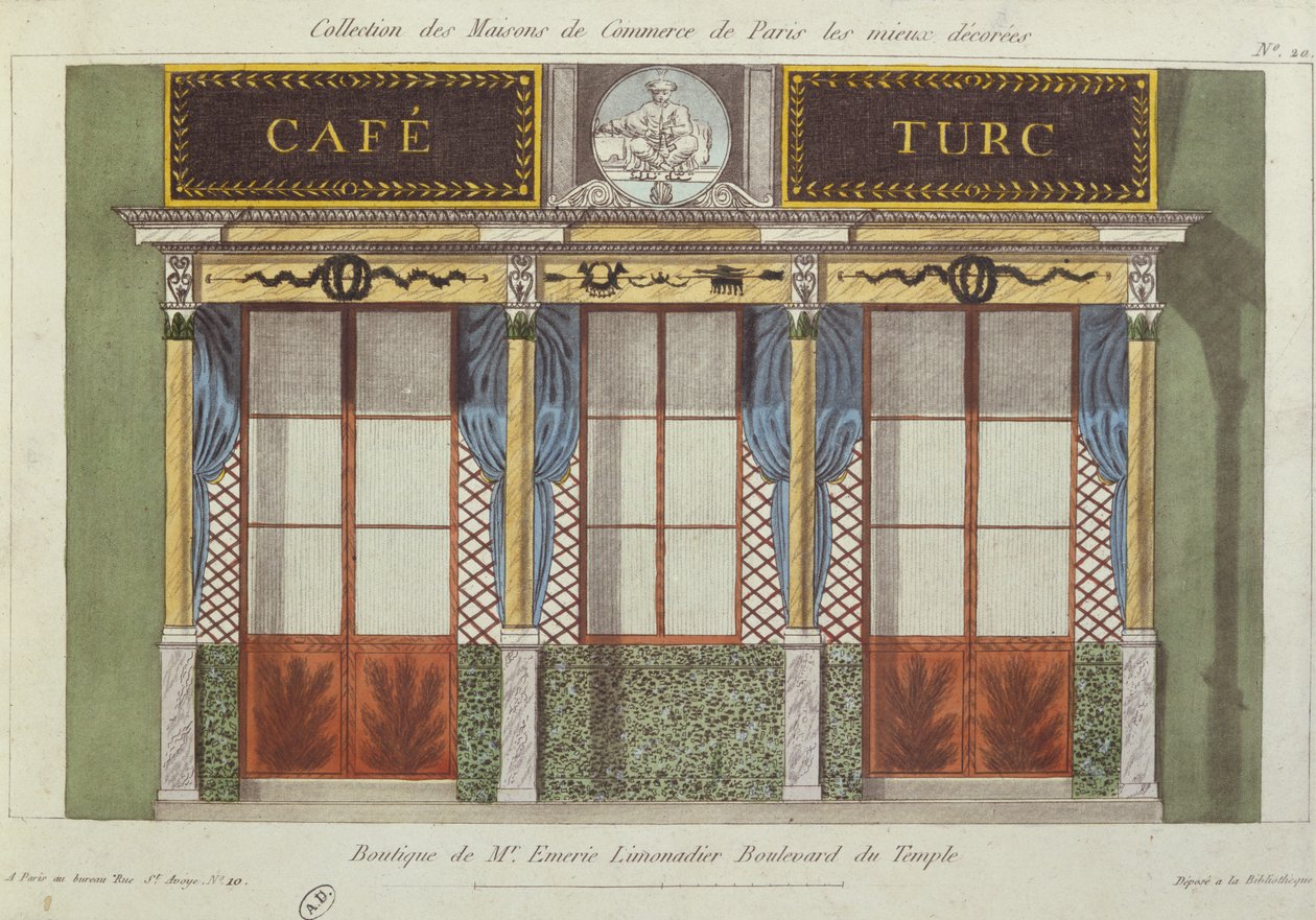 Entwurf für die Fassade des Cafe Turc, aus einer Serie, die die am besten dekorierten Geschäftsgebäude in Paris darstellt, ca. 1810 von French School