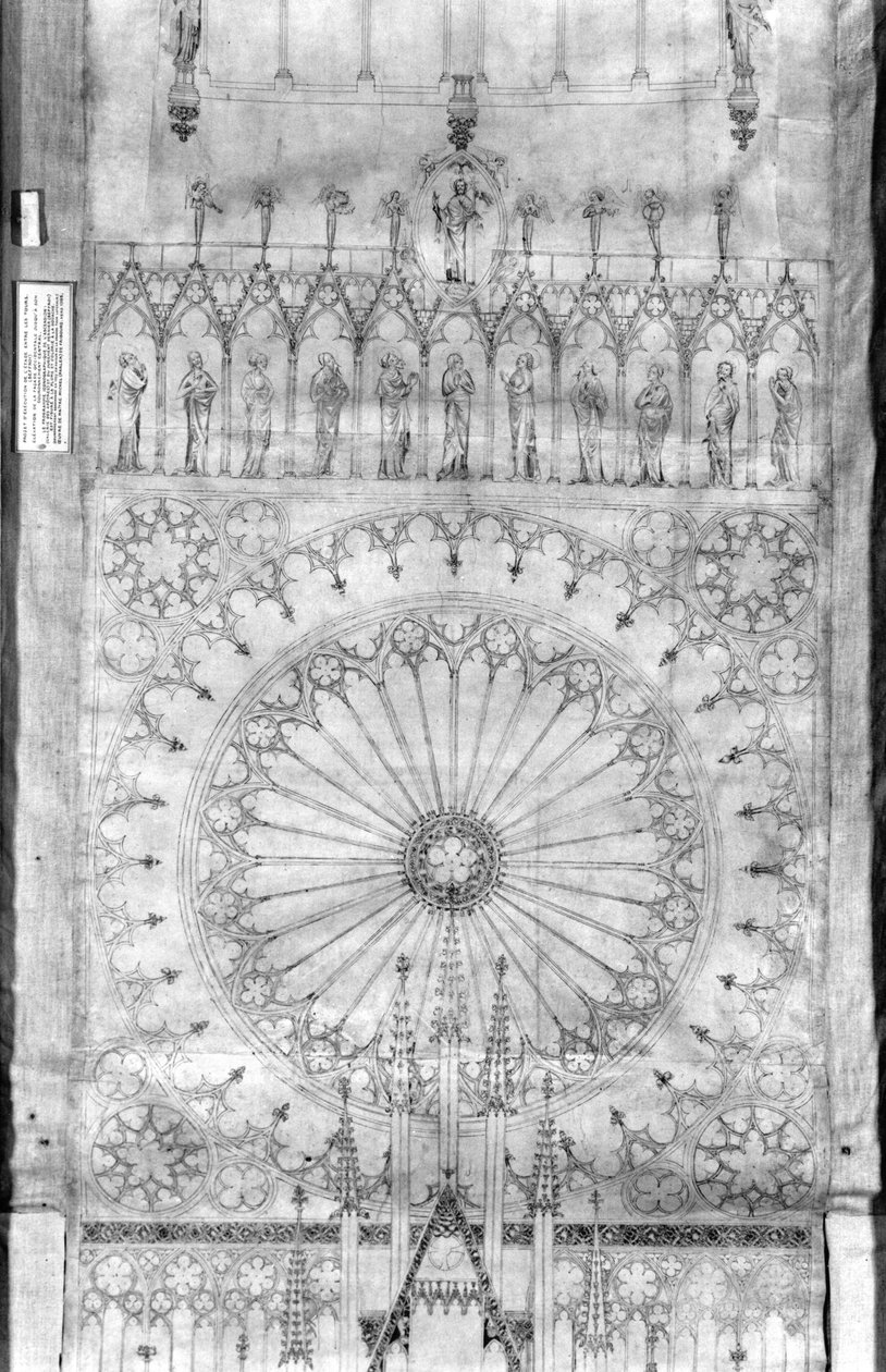 Entwurf für das Rosettenfenster und die Galerie der Könige an der Fassade des Straßburger Münsters, ca. 1380 von French School