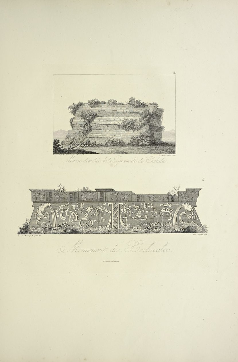 Abgetrennter Teil der Cholula-Pyramide und Denkmal von Xochicalco, Illustration aus 