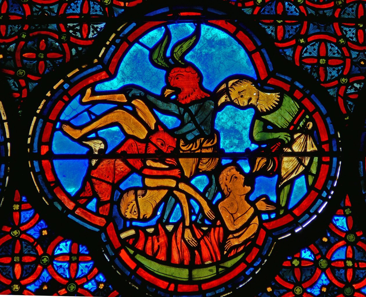 Detail eines Fensters, das das Gleichnis von Lazarus und Dives darstellt: der reiche Mann in der Hölle (Detail) von French School