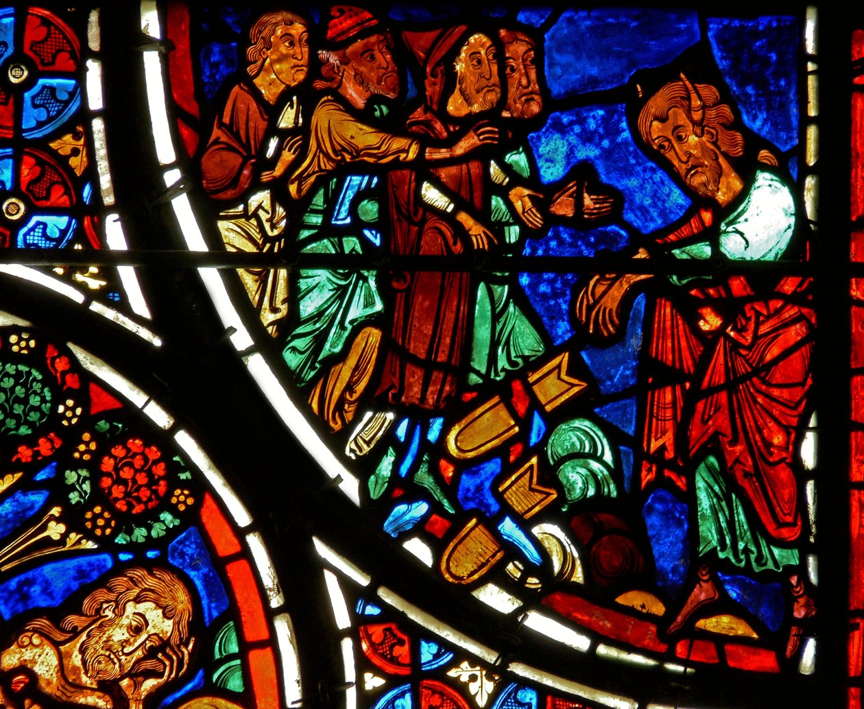 Detail eines Fensters, das das Gleichnis vom barmherzigen Samariter darstellt: Moses wirft die Tafeln nieder (Detail) von French School