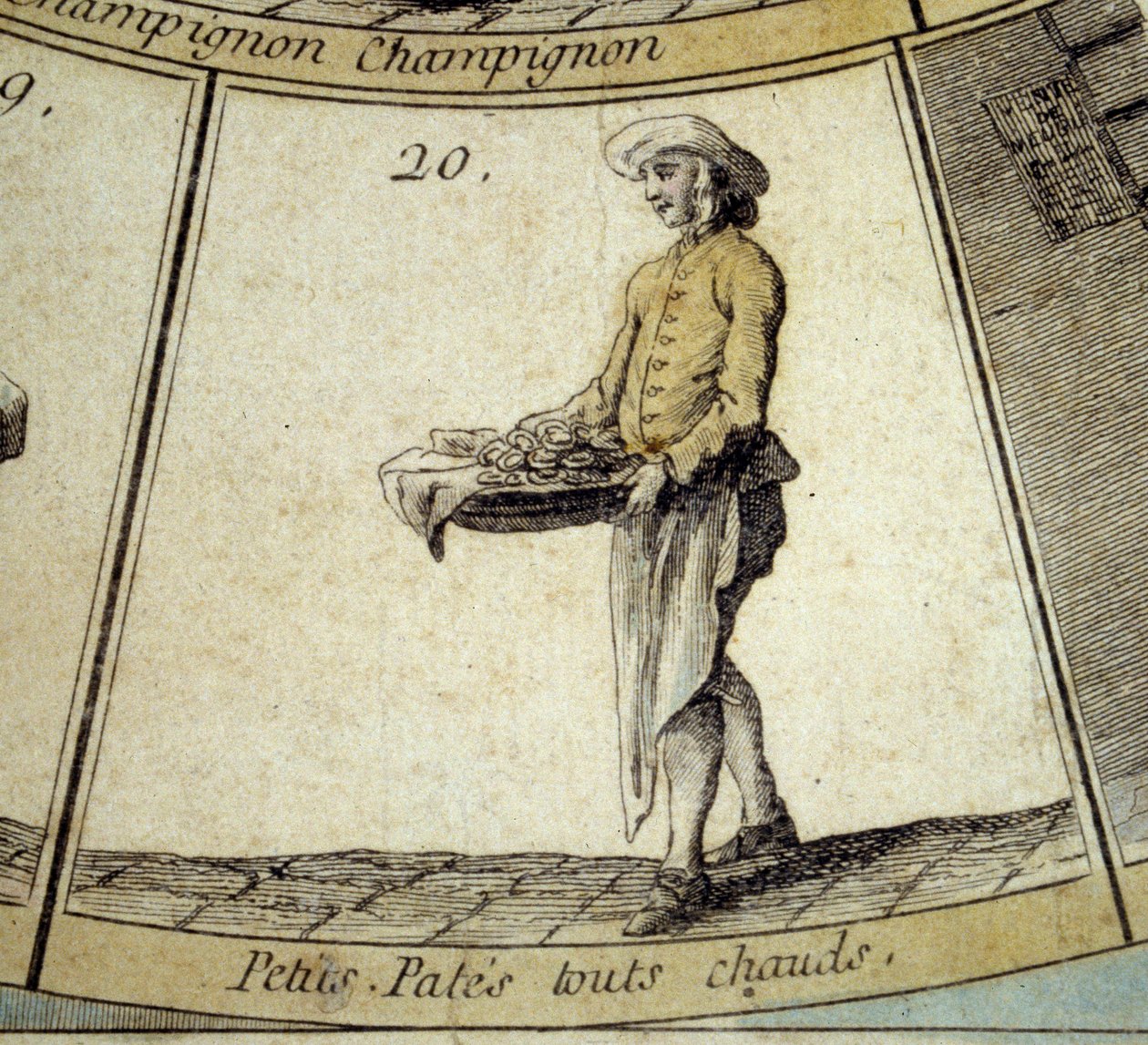 Detail des Gänsespiels der Schreie von Paris: Händler von heißen kleinen Nudeln. Gravur des 18. Jahrhunderts. Sammlung Depart. von French School