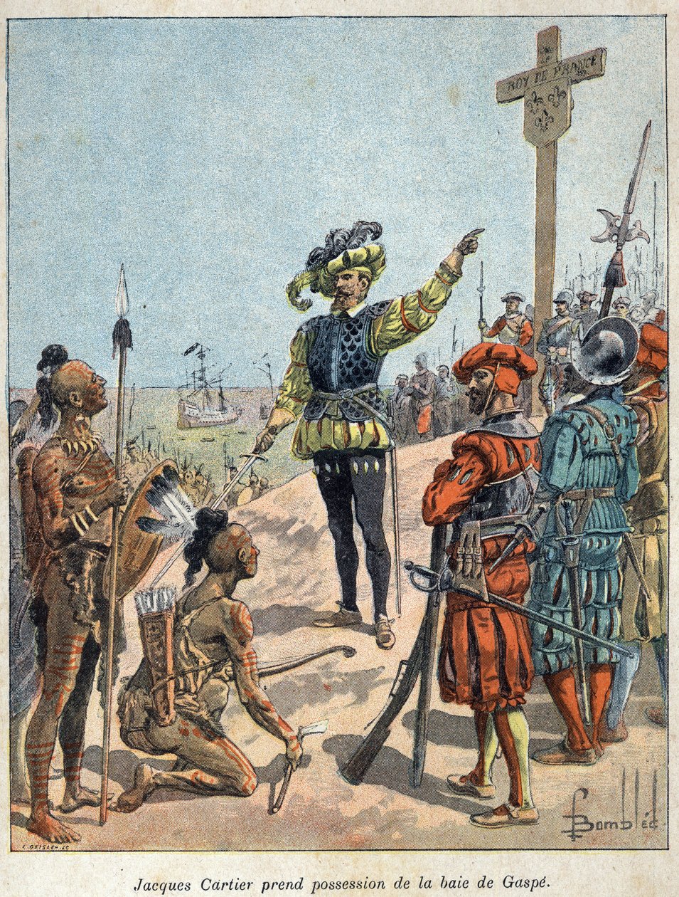 Entdeckung Kanadas: Jacques Cartier (1491-1557), französischer Seefahrer und Entdecker, nahm Besitz von der Bucht von Gaspé und errichtete das Kreuz am 24. Juli von French School
