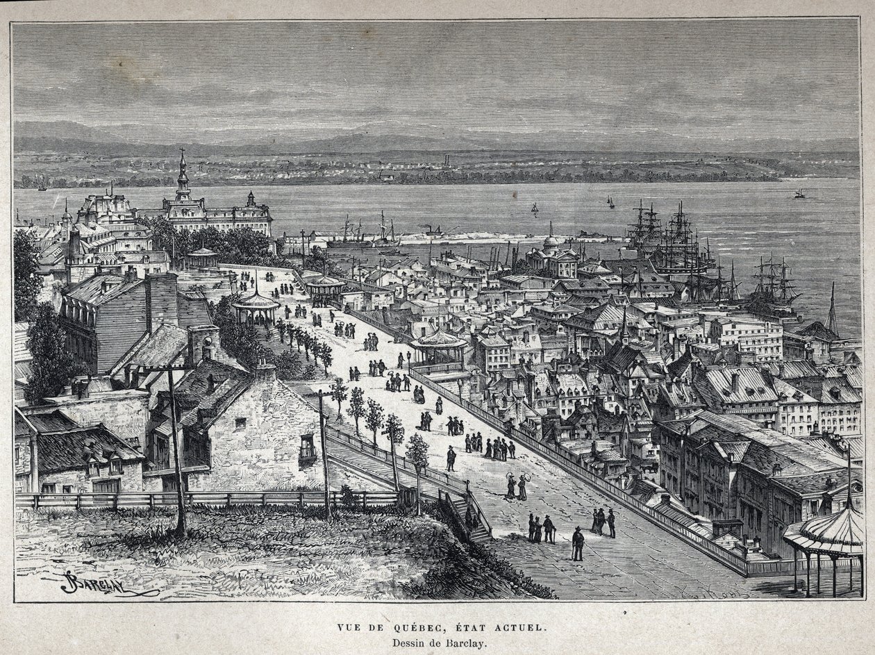 Entdecke Kanada: Blick auf die Stadt Quebec Ende des 19. Jahrhunderts. Barclay-Zeichnung. Gravur aus dem Ende des 19. Jahrhunderts in 