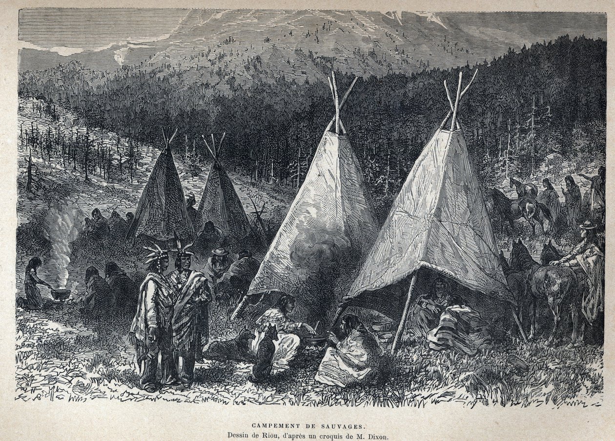Entdeckung Kanadas: Indianerlager mit Tipis. Zeichnung von Riou nach einer Skizze von Dixon. Gravur aus dem späten 19. Jahrhundert in „La nouvelle France“ von Eugène Guénin von French School