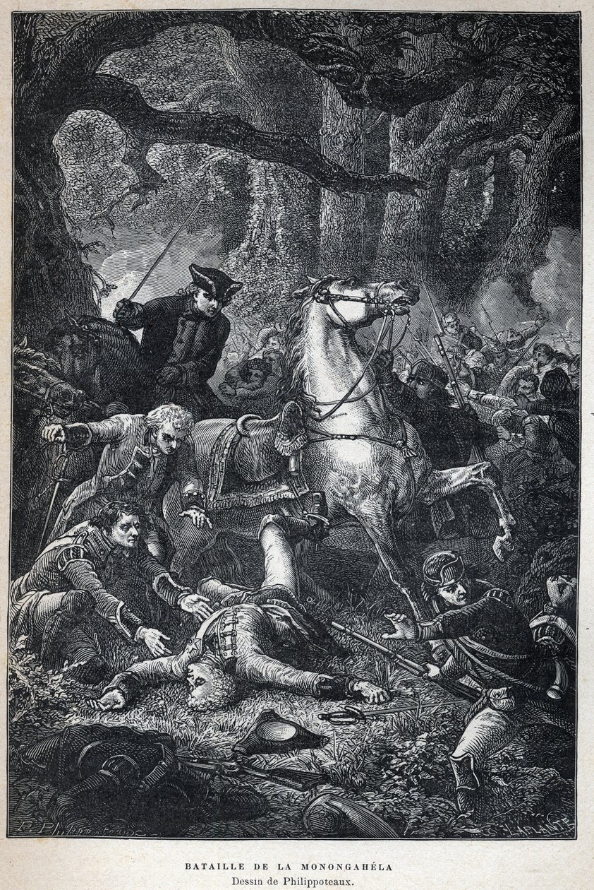Entdeckung Kanadas: Schlacht von Monongahela im Jahr 1755 während des Siebenjährigen Krieges. Zeichnung von Philippoteaux. Gravur aus dem späten 19. Jahrhundert in „La nouvelle France“ von Eugene Guenin. von French School