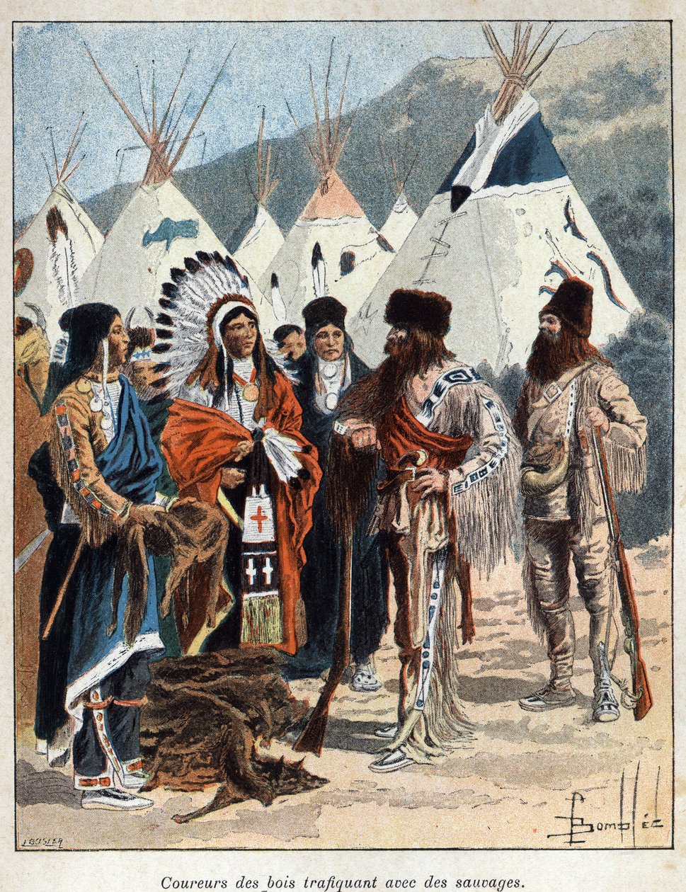 Entdeckung Kanadas: Die Coureurs de Bois, beteiligt am Pelzhandel mit den Indianern Amerikas, handeln mit Tierfellen im 17. Jahrhundert. Gravur aus dem späten 19. Jahrhundert in La Nouvelle France von Eugene Guenin von French School