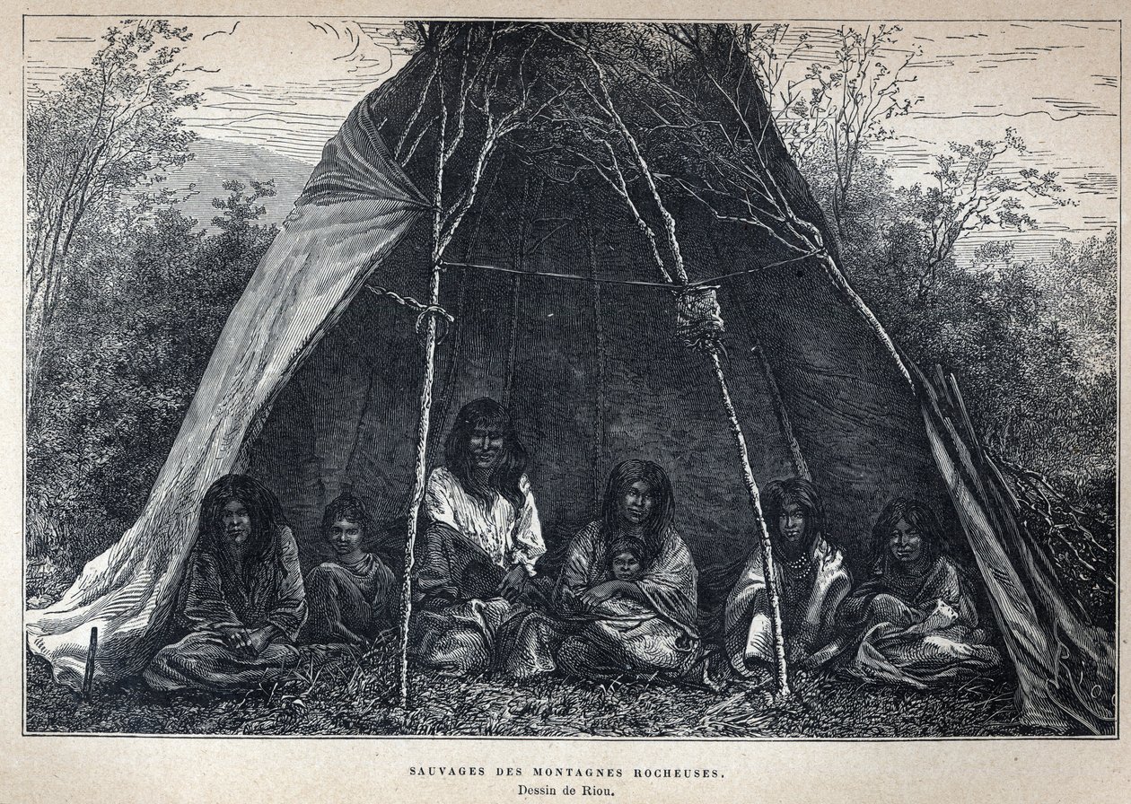 Entdeckung Kanadas: Amerikanische Ureinwohner, die in den Rocky Mountains leben. Gravur aus dem späten 19. Jahrhundert in La Nouvelle France von Eugene Guenin von French School