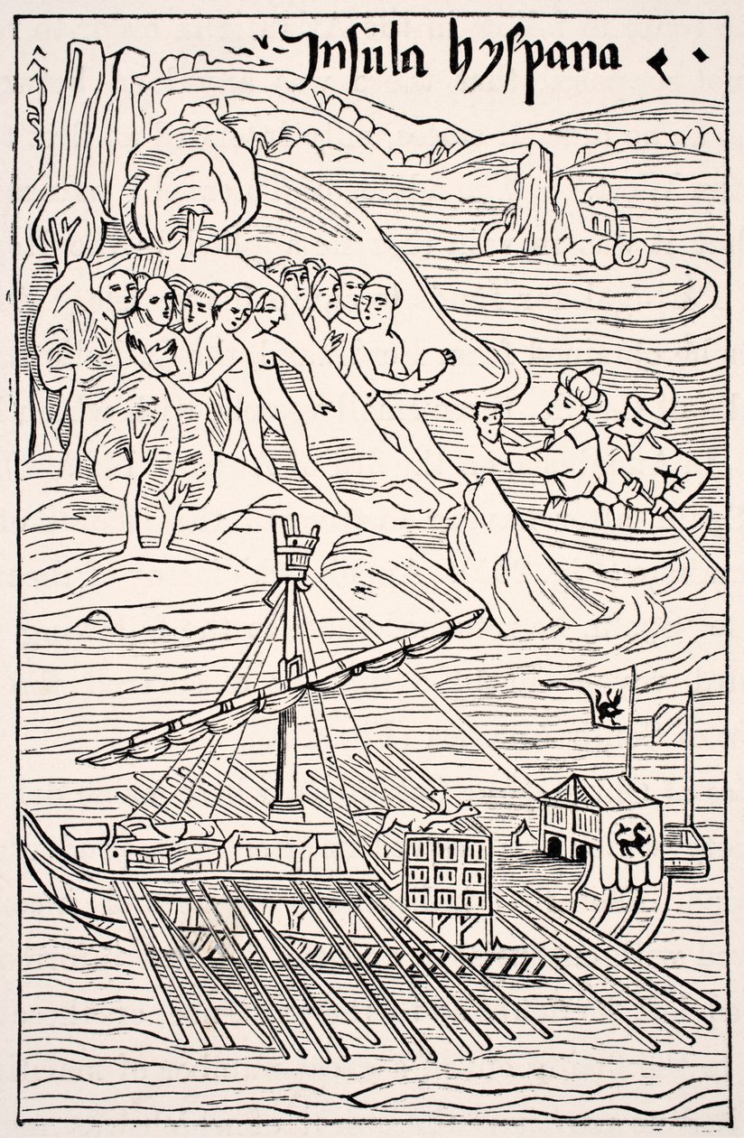 Entdeckung von Santo Domingo, Insula Hyspana, durch Christoph Kolumbus, Faksimile eines Holzschnitts der Epistola Christoferi Colom, aus Wissenschaft und Literatur im Mittelalter von Paul Lacroix, London 1878 von French School