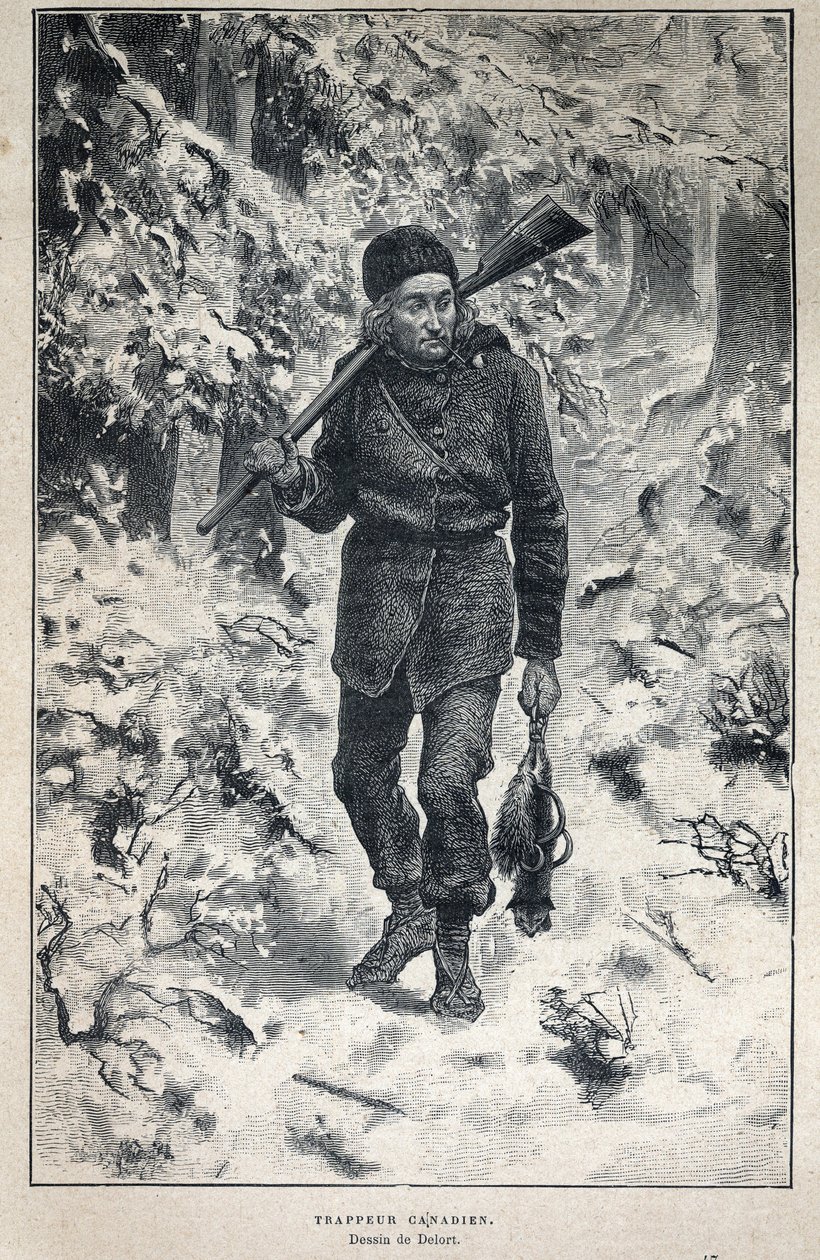 Entdeckung Kanadas: Porträt eines kanadischen Fallenstellers im Wald. In „La nouvelle France“ von Eugene Guenin von French School