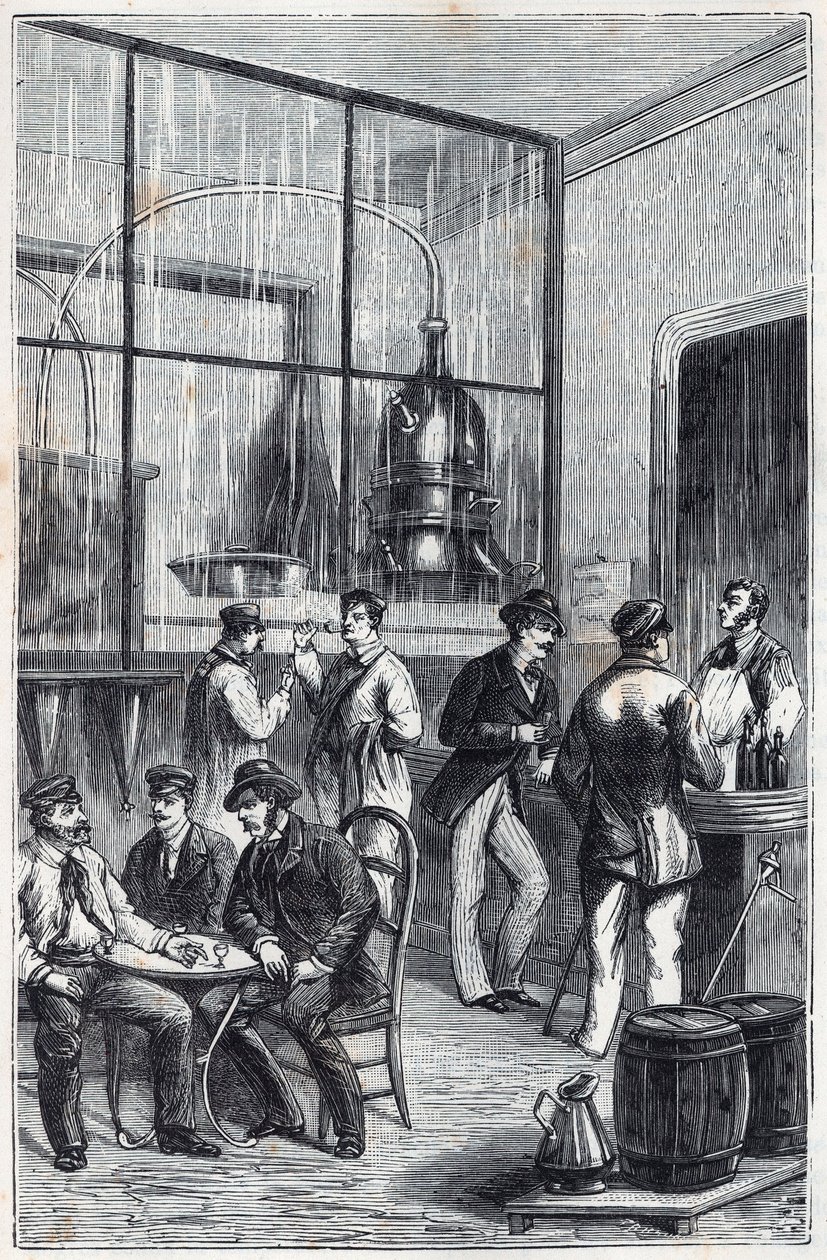 Destillierladen in Paris im 19. Jahrhundert - Gravur in „Wissenschaften für alle zugänglich gemacht - Physik und Chemie“ von Alexis Clerc - Ende 19. Jahrhundert - Private Sammlung von French School