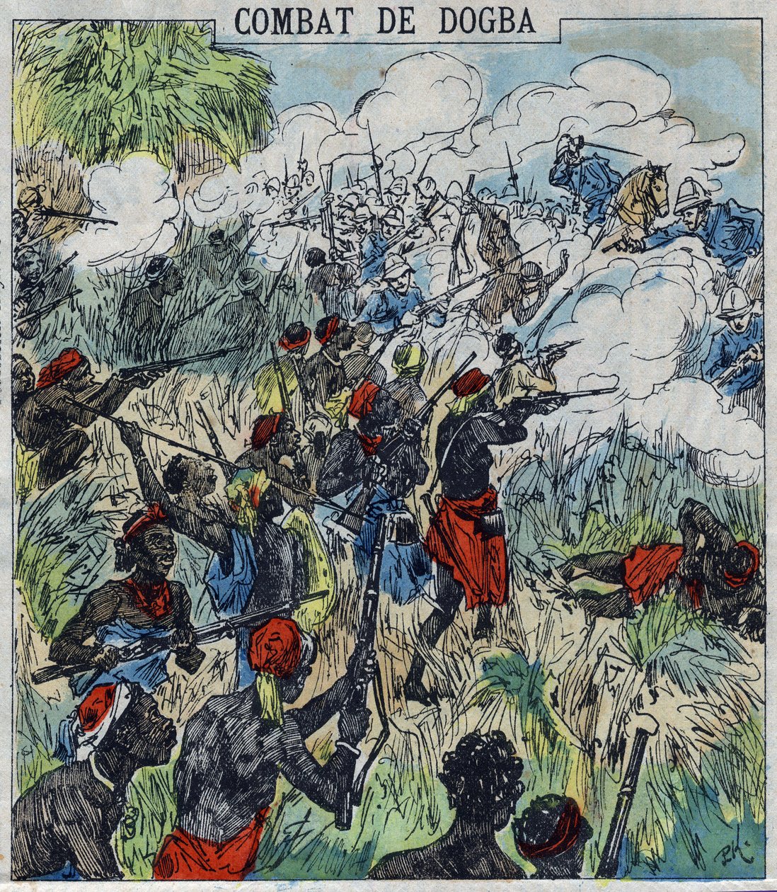Schlacht von Dogba zwischen der Expeditionsarmee von General Dodds und den Truppen von Behanzin. Dahomey von French School